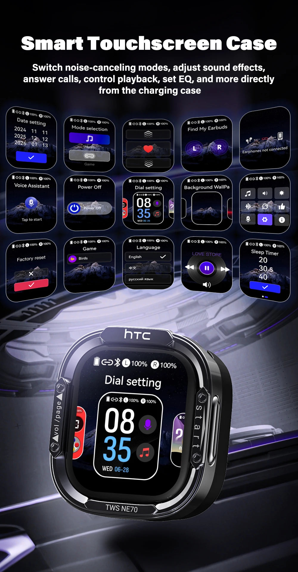 Wireless Headphones Bluetooth HTC NE70 Earphones Microphones/Earbuds AI Translator 30Hours of Battery Life Full HD LCD Display