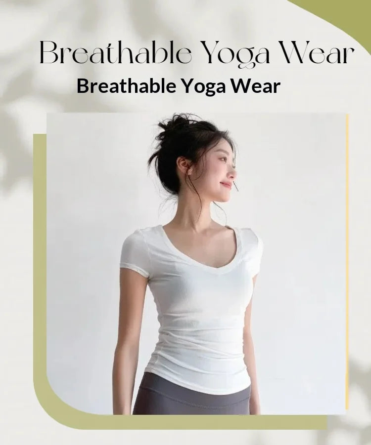 Yoga t-shirt top summer thin breathable waist tight and thin/inside solid color sports running fitness short sleeves