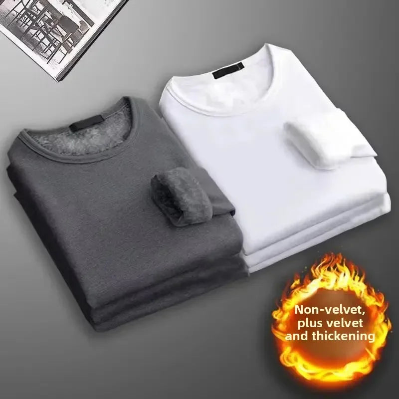 Men's Long Sleeve Thermal Underwear Fleece Lined Thick T-Shirt/round Neck Slim Fit Base Shirt Pure Color Inner Wear Autumn Top