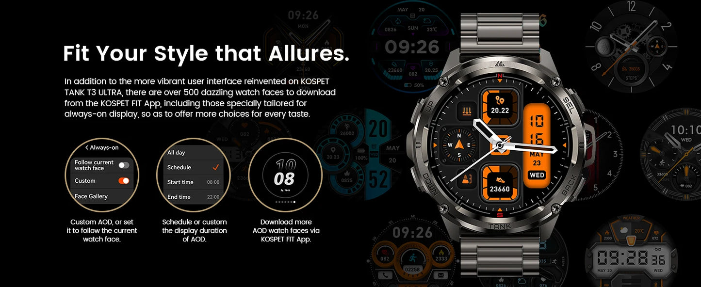 KOSPET TANK T3 Ultra GPS Smart Watch For Men Altimeter Compass/Barometric 470mAh 60 Days Battery Bluetooth Call IP69K Waterproof
