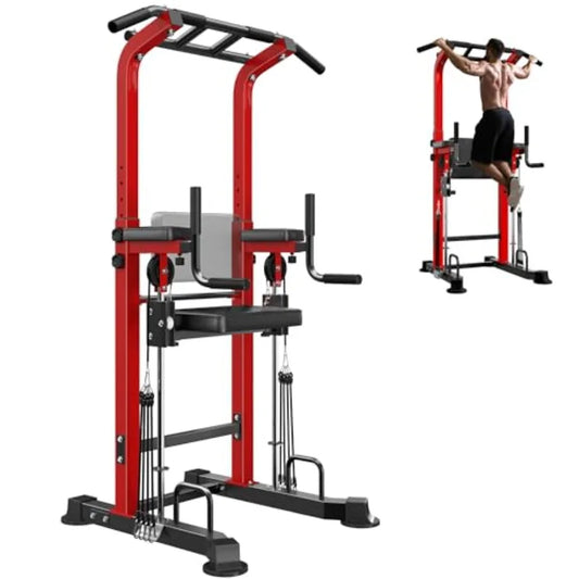 Power Tower Dip Station with Assisted Pad Height Adjustable Pull Up Bar/Station for Home Gym Multi-Function Strength Training F