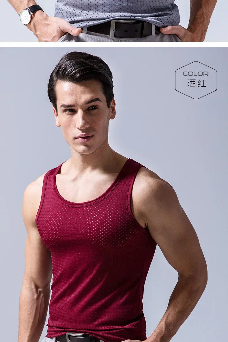 Men's Ice Silk Mesh Tank Tops Gym Stringer Transparent Bodybuilding/Sleeveless Shirt Fitness Vest Male mesh Muscle Shirt