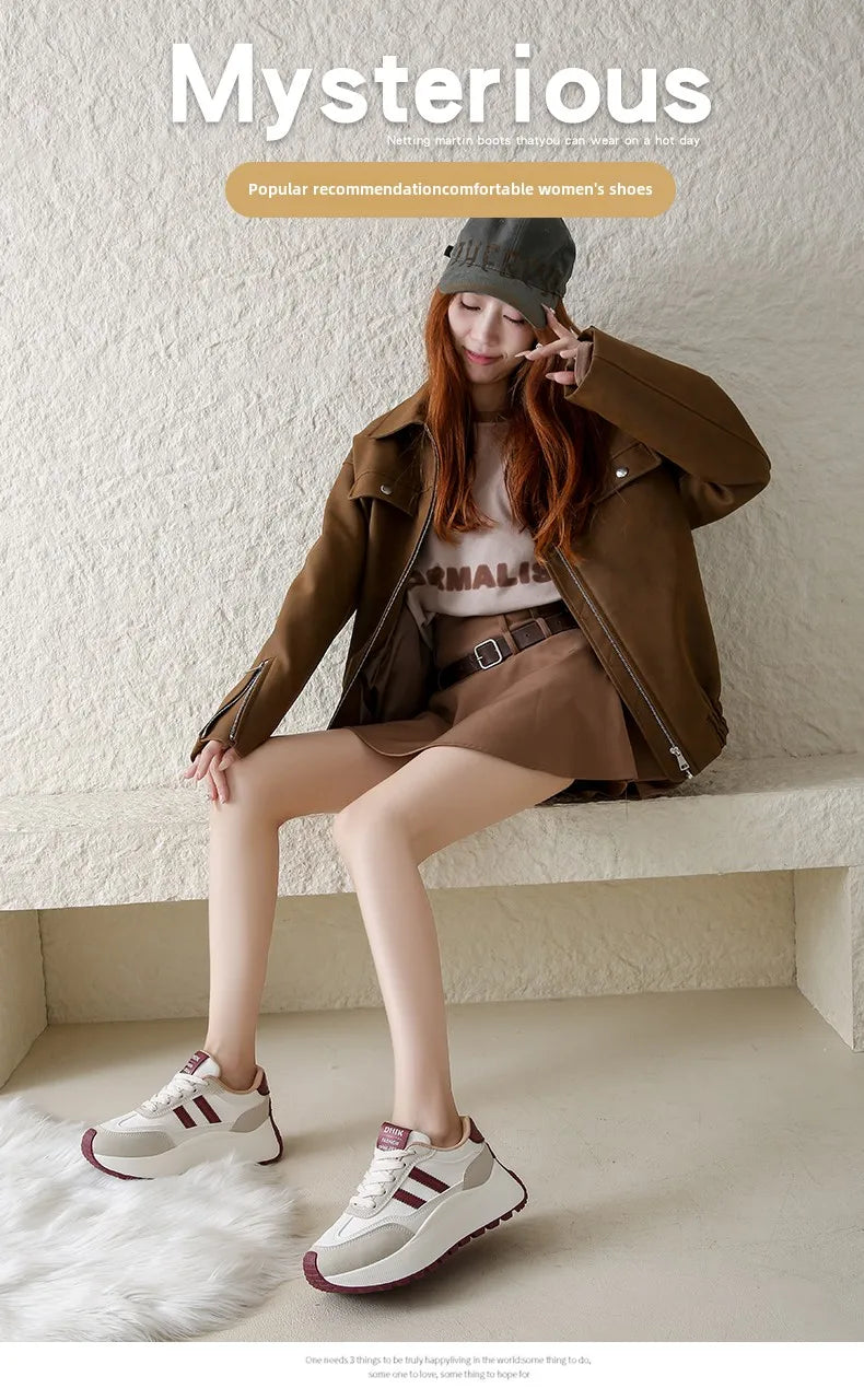 New Summer Autumn Women's Shoes With Thick Sole Casual Board Shoes/Spliced Sports Leather Surface Shoes For Students