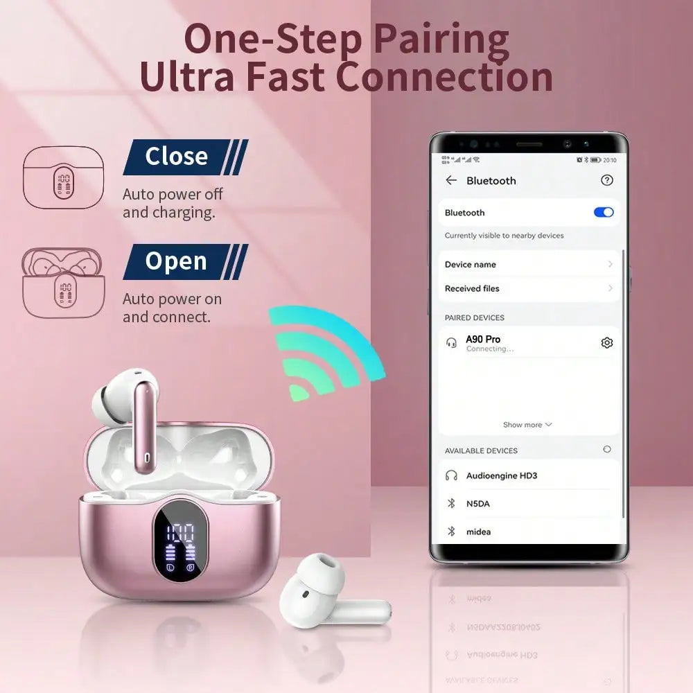 Ordtop Wireless Earbuds Bluetooth Headphones 48H Playtime Ear Buds/With LED Power Display, IPX7 Waterproof Bluetooth 5.4 Earphones