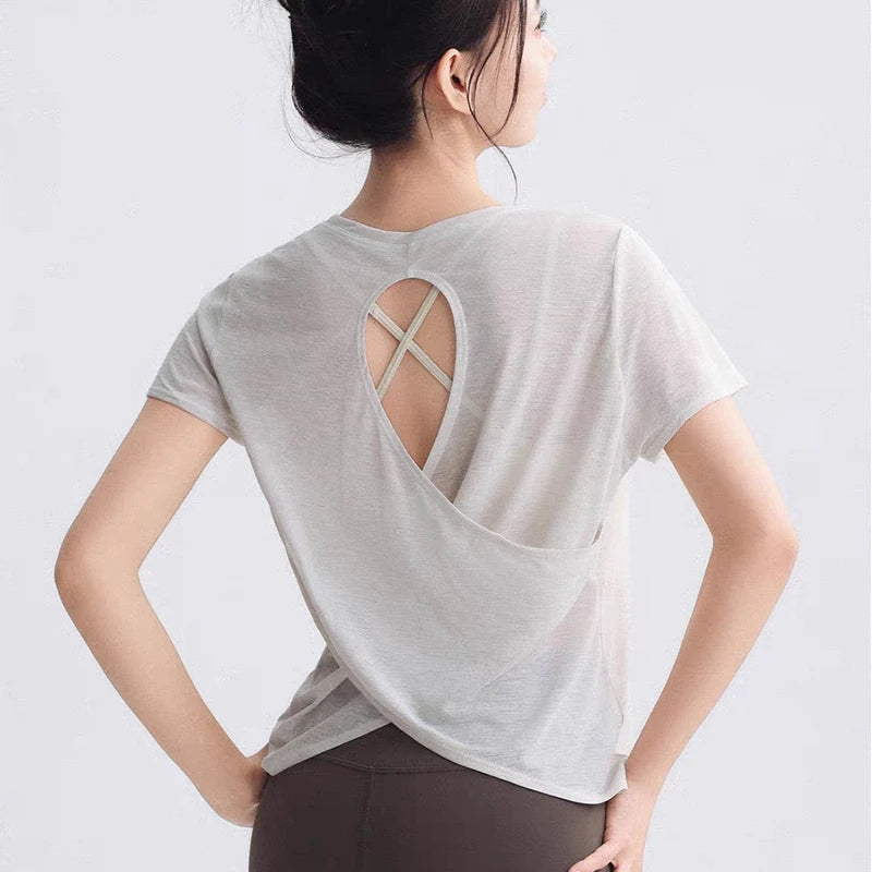 Women's Tight Sports T-shirt Quick Dry Short Sleeve Yoga T-shirt/Pilates Fitting Fitness Back Hollow Out Running crop top women