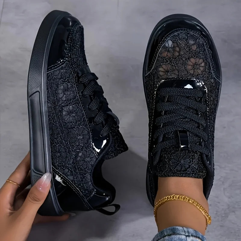 New Arrival Women Lace Mesh Platform Sneakers Floral Embroidery/Breathable Slip On Lace Up Casual Walking Shoes