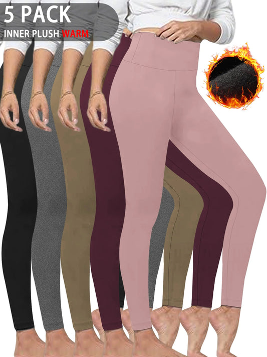 5 Pack Women's Thermal Fleece Lined High Waisted Leggings/Winter Warm Soft Yoga Pants Workout Thick Tights