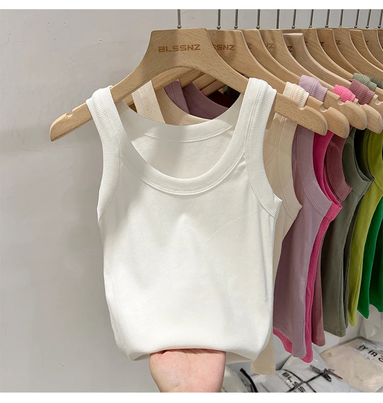 zjaiss Women Solid Round Neck Ribbed Tank Top Camisole Women/Summer Basic Elastic Tank Top O Neck Solid Tank Top