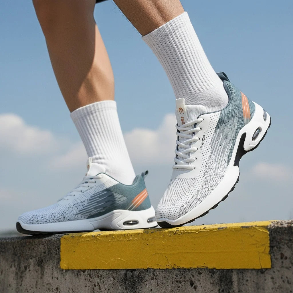 Men Breathable Flying Woven Mesh Running Shoes Cushion Air Sole/Shock Absorbing Athletic Sneakers, Lightweight Lace Up Non Slip Shoes