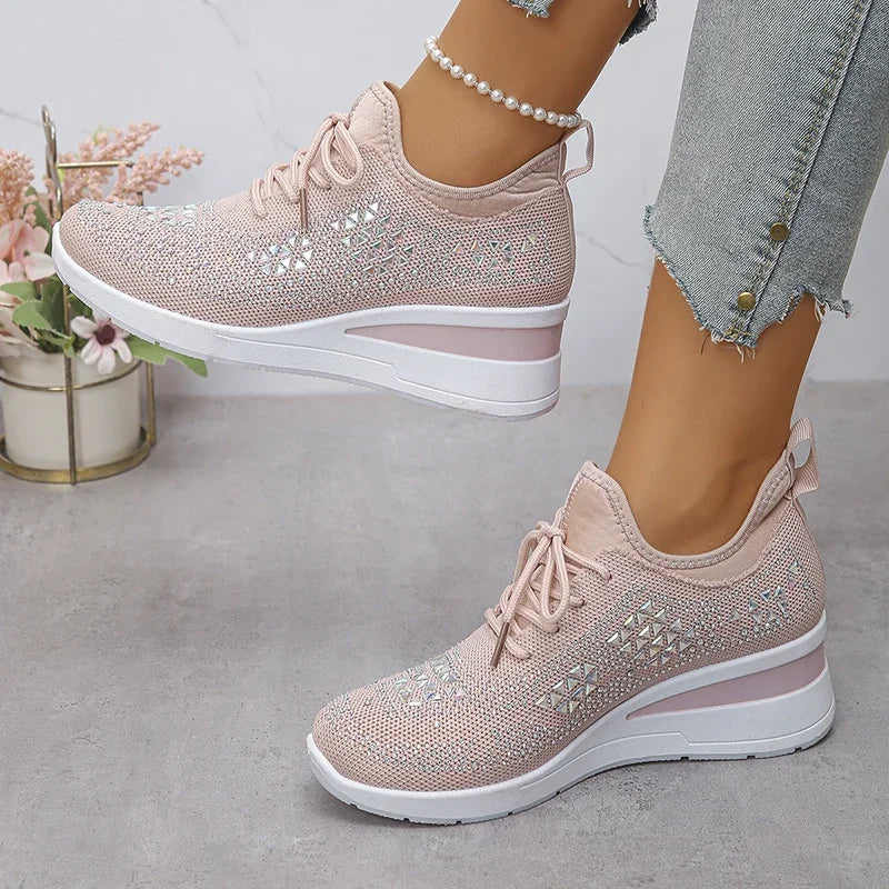 Women's Shiny Rhinestone Wedge Sneakers Breathable Non Slip/Walking Shoes Woman Plus Size Fashion Thick Sole White Sneakers