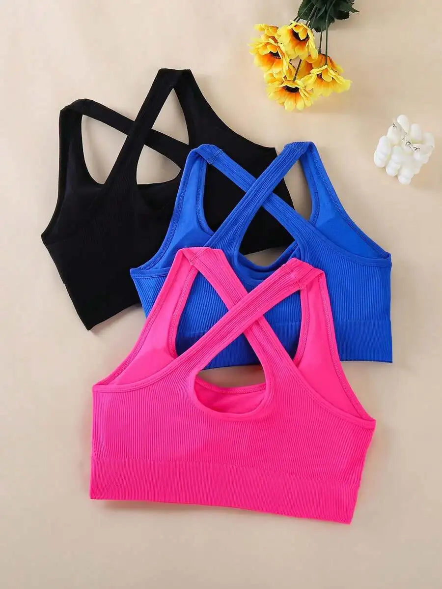 3pcs Criss-Cross Strap Sports Bra For Women Yoga Gym/Running Racerback Crop Top Can Be Worn Outerwear