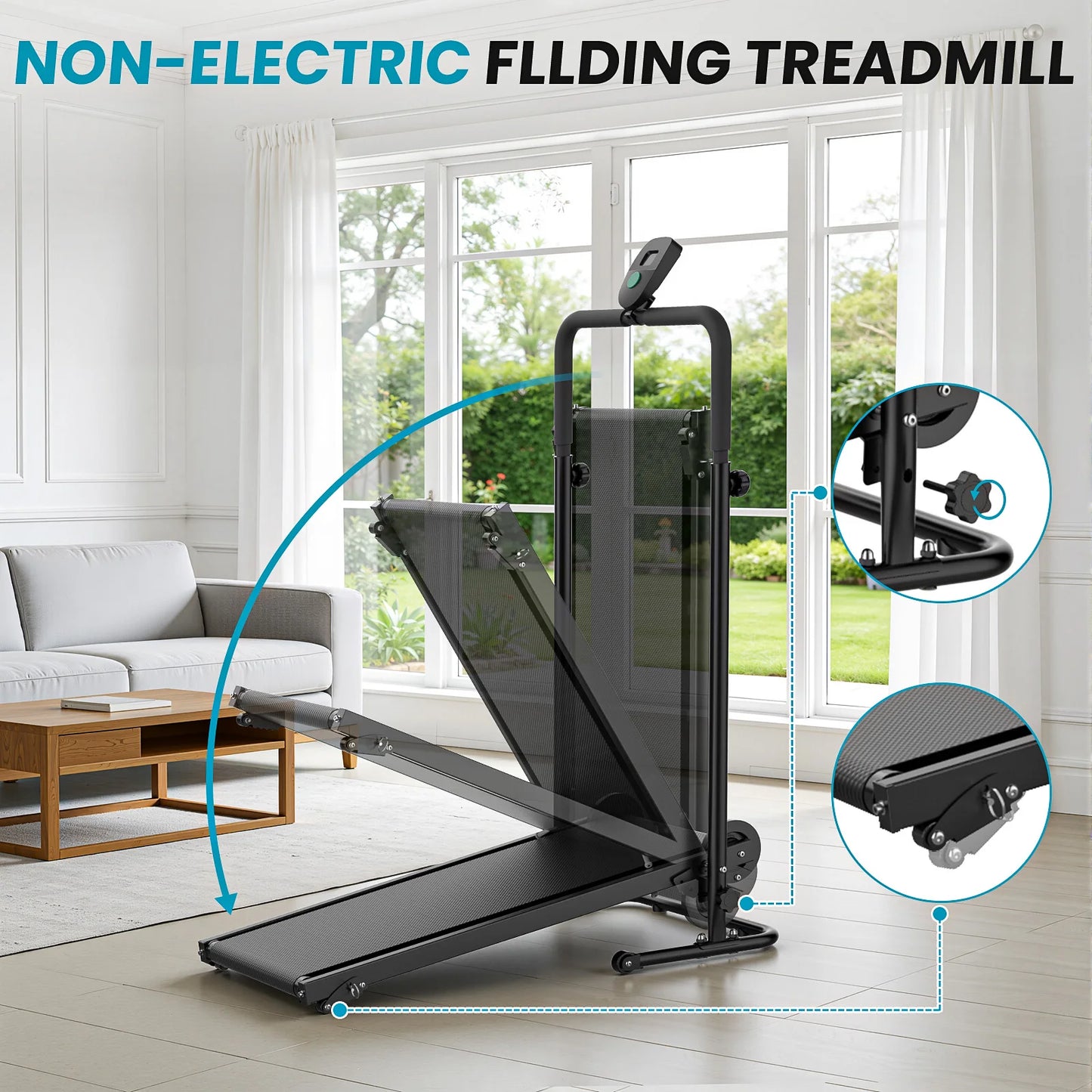 Akluer Non-Motorized Foldable Workout Treadmill/Dual Flywheel with Fixed Incline, LCD Monitor, Slip-Resistant Belt & Comfort Foam Grips