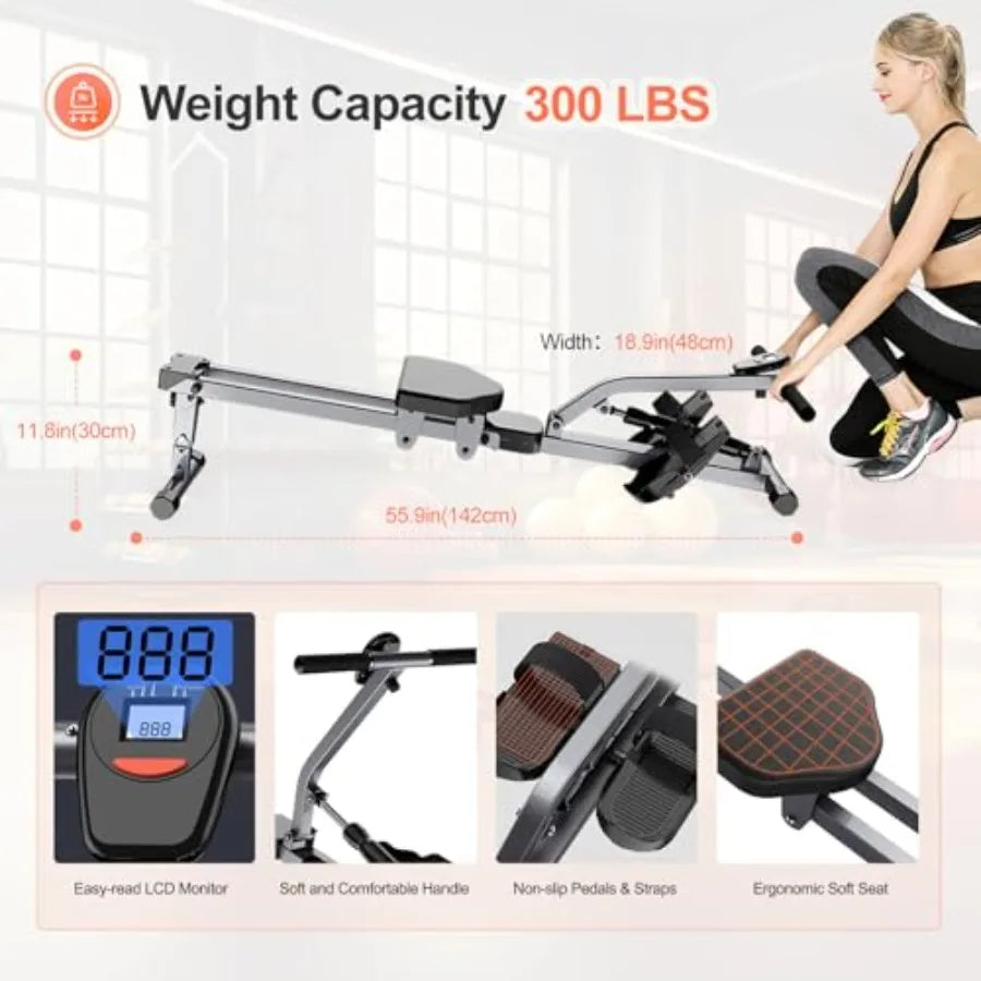 Compact Adjustable Rowing Machine with 12 Levels of Resistance/for Complete Body Workout at Home Low Impact Exercise Equipment
