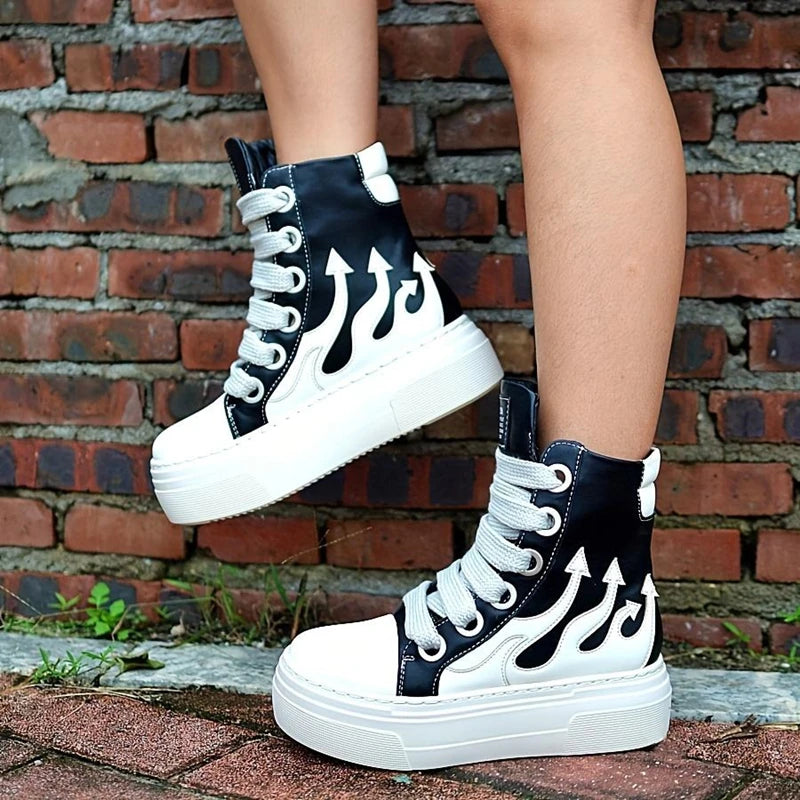 Women's High Top Flame Sports Shoes Wide Lace Up Casual Sneakers/For Woman Flat Platform Ladies Embroider Sneakers Girls Tennis