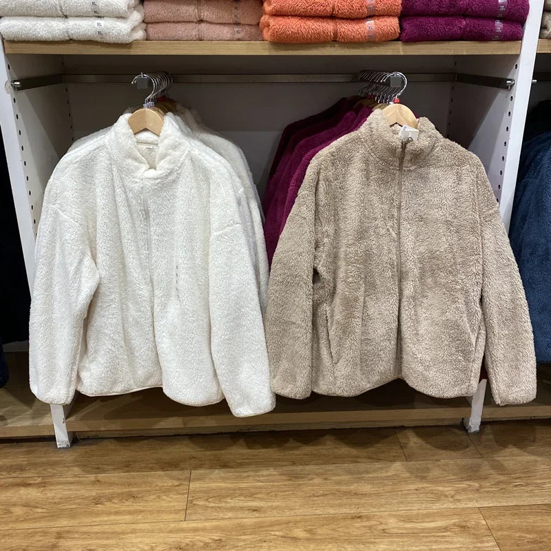 Autumn Winter Women's Long Velvet Fleece Zipper Sleeve Coat Warm/Coral Fleece Jacket Full Length Outerwear Comfortable Coat