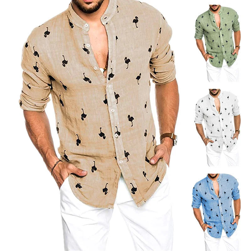 new men's long sleeve/Flamingo printed linen casual shirt
