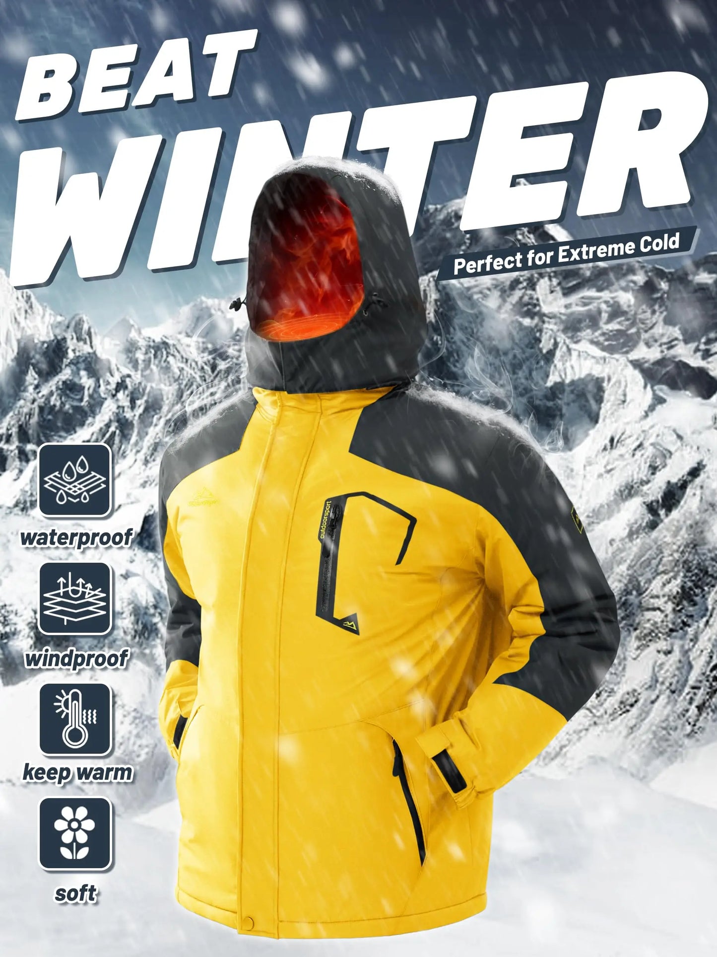 Men's Water-Resistant Ski Jacket Winter Fleece Lined/Snow Coat Warm Windproof Outdoor Jacket