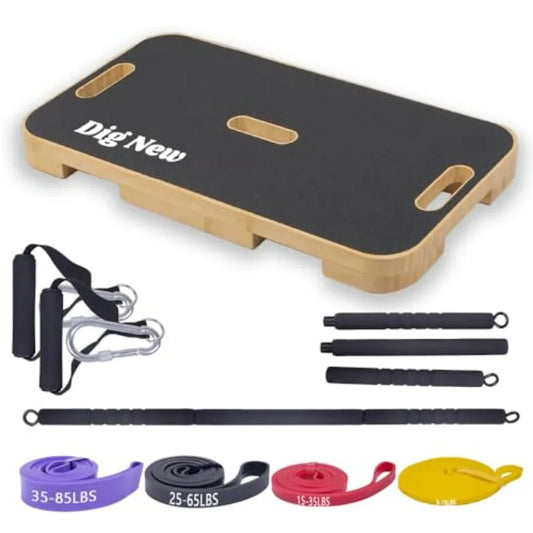 Wooden Resistance Band Foot Plate Exercise Platform with Non-Slip Surface/Resistance Bar,4 Resistance Bands for Home Gym