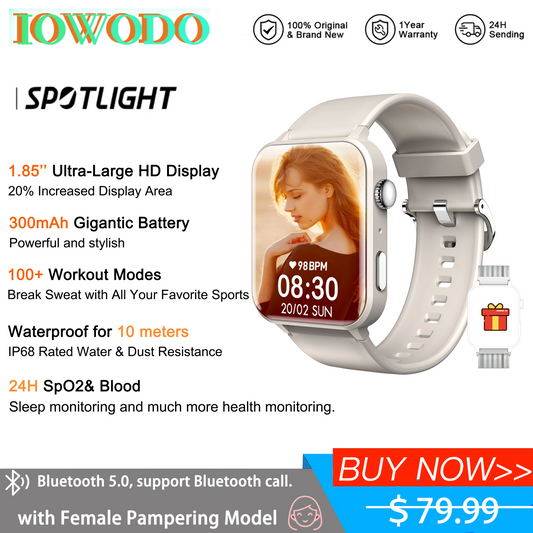 IOWODO Smart Watch for Men Women Bluetooth Call, AI Voice/1.85" HD Fitness Watch with Heart Rate SpO2 Monitor Message Alert