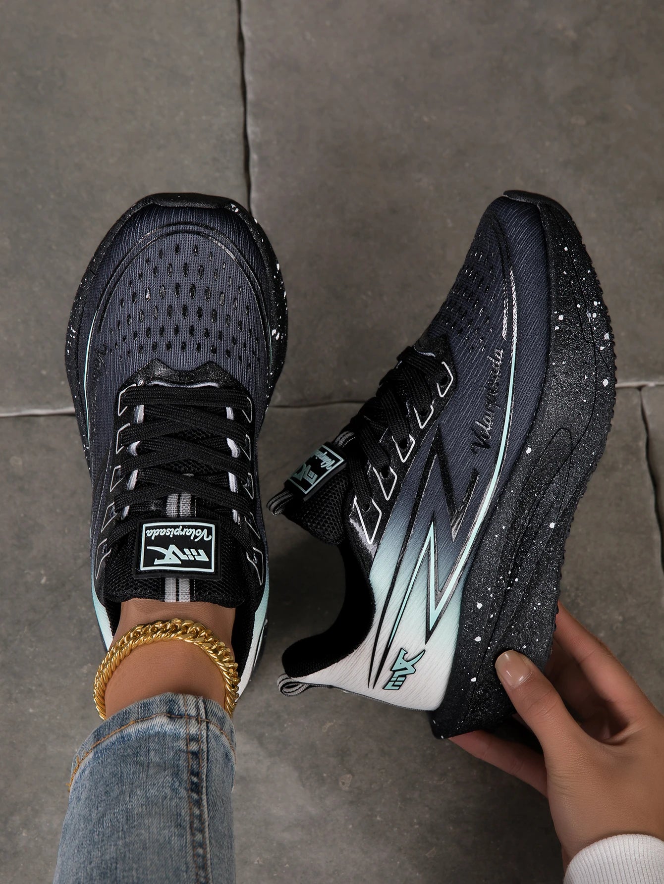 Women Gradient Lightning Print Running Sneakers Breathable/Flying Weave Mesh Light Cushion Non Slip Shock Absorb Athletic Shoes