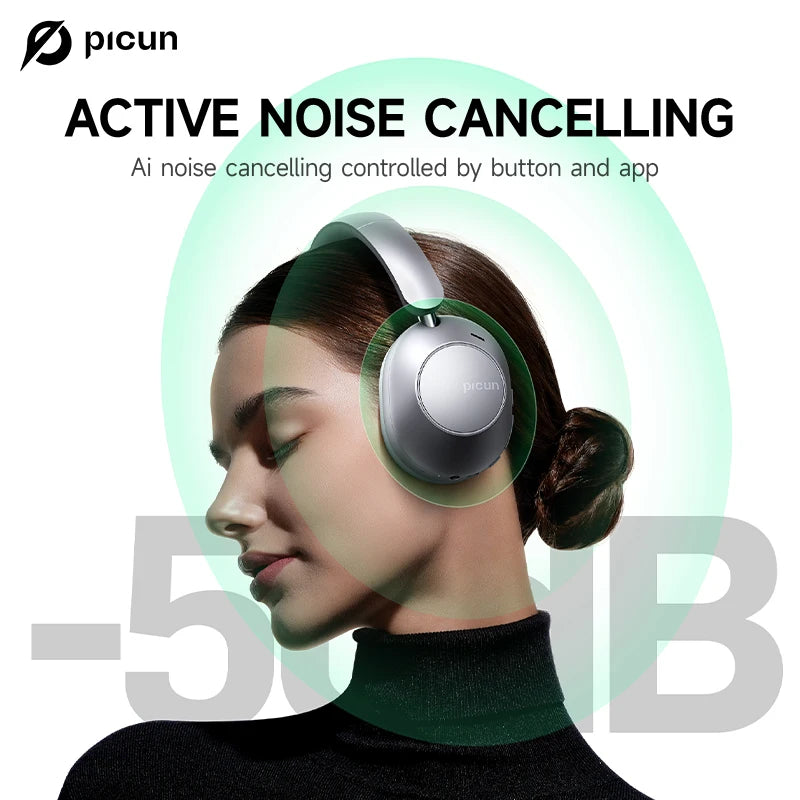 Picun F6 ANC Wireless Headphones Bluetooth 5.4 Hi-Res Audio Over Ear/Headset 52dB Hybrid Active Noise Cancellation Earphone 120H