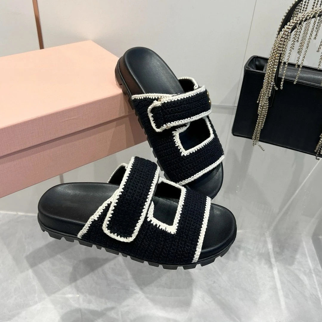 Summer New Women's Woven Fabric Flat Sandals Open Toe/Single Strap Slide Sandals Thick Sole Casual Outdoor Beach Shoes