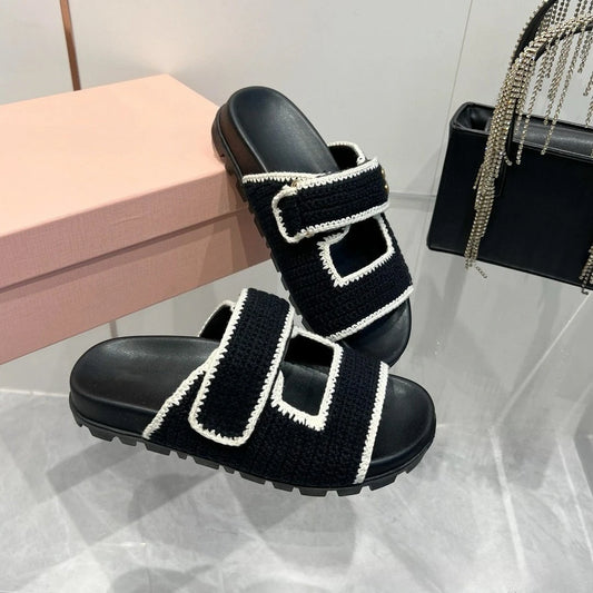 Summer New Women's Woven Fabric Flat Sandals Open Toe/Single Strap Slide Sandals Thick Sole Casual Outdoor Beach Shoes