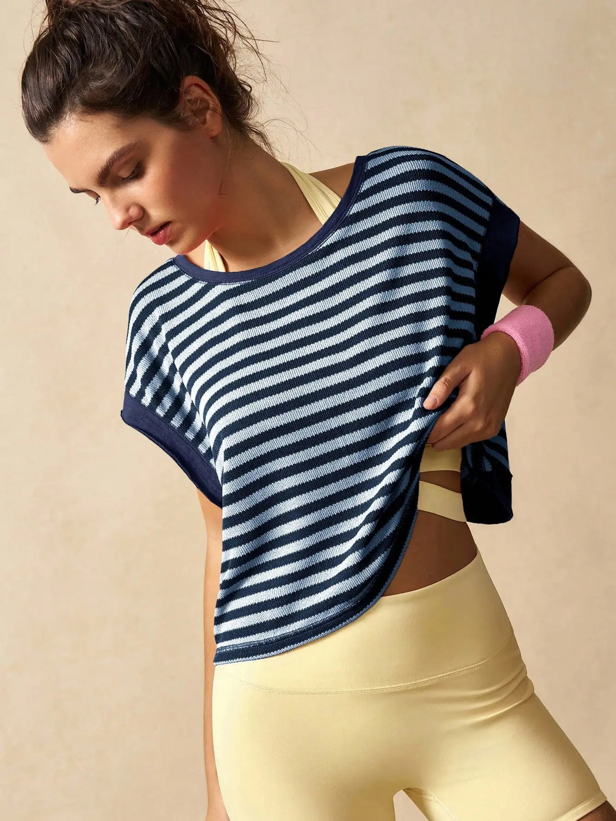 Women Striped Open Back Workout/Top Gym Crop Top Summer Active Wear Shirts