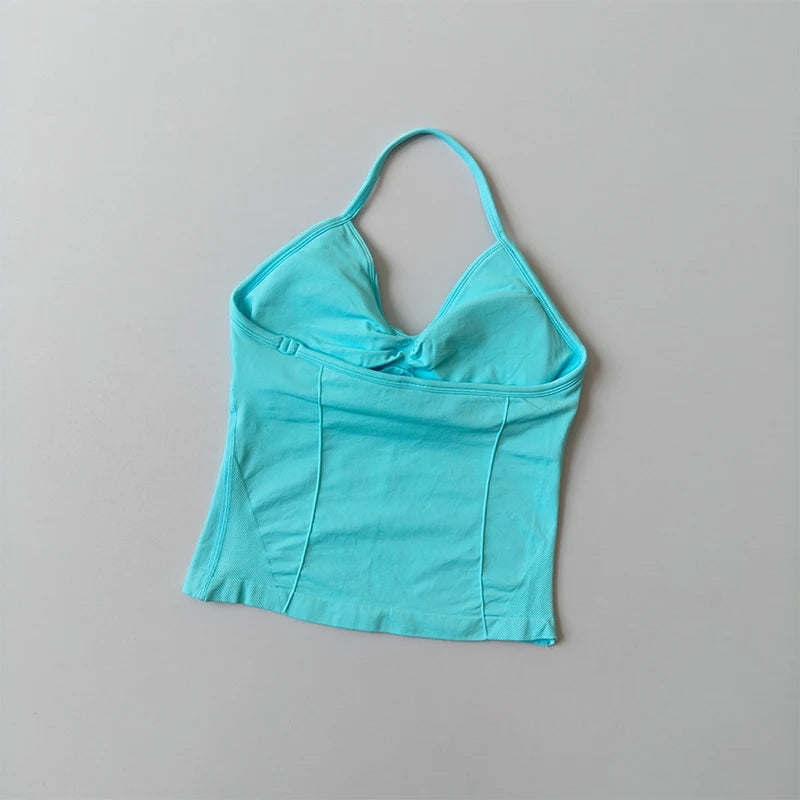 Longline Strappy Seamless Yoga Tank Top Backless/Gym Vest with Built-in Bra Sleeveless Workout Top