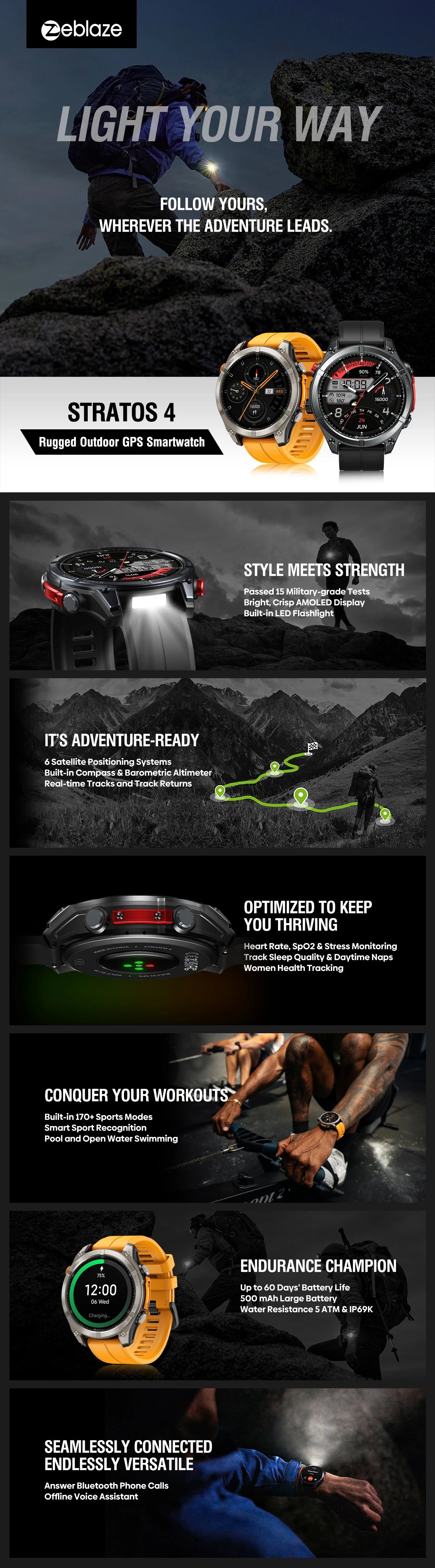 NEW Zeblaze Stratos 4 GPS Smart Watch 1.43 AMOLED Display Built-in Compass/Barometric Altimeter Flashlight Voice Call Smartwatch