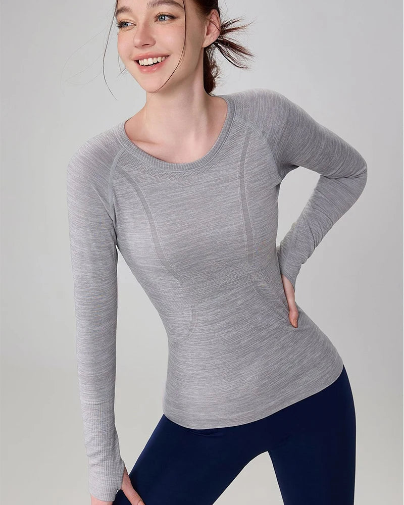 Yoga Clothes for Women, Sports Tops Round Neck Seamless Slim/Running Shirt Fitness Workout Long Sleeves Gym T shirt