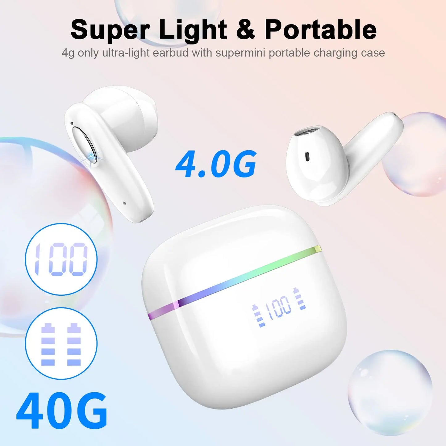 DRSAEC Wireless Earbuds Bluetooth 5.3 4 ENC Noise Canceling Mic/40H LED Display Charging Case IP7 Waterproof in-Ear Earbuds.