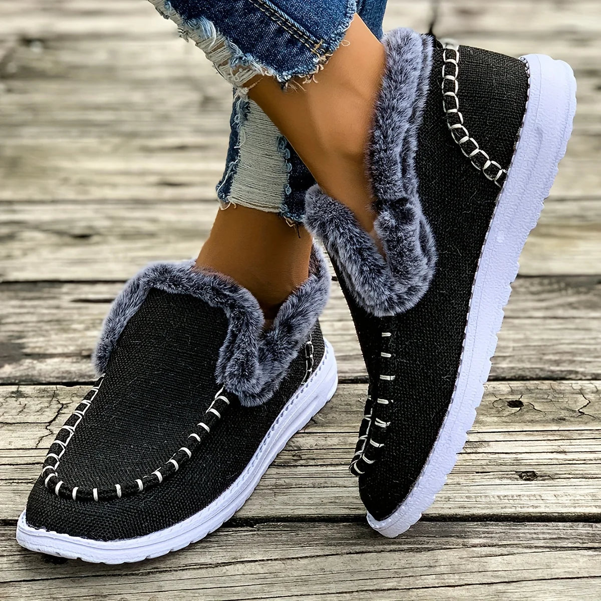 Women Winter Denim Fabric Fuzzy Fleece Lined Loafers Slip On/Warm Moccasin Shoes Non Slip Wear-resistant Soft Sole