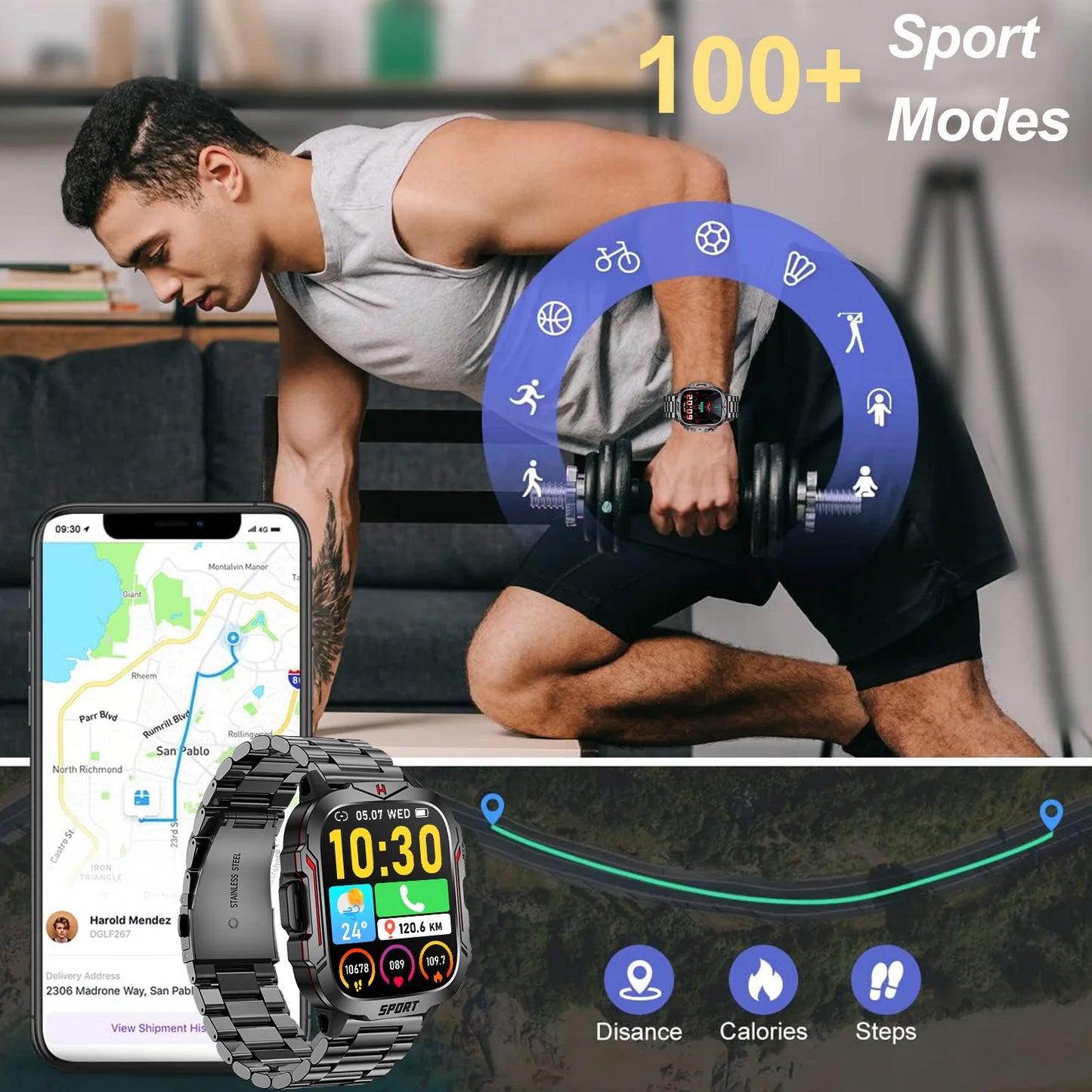 Strong Flashlight Smart Watch for Men/Women, 1.96'' Screen Fitness Tracker/with AI Voice Assistant/ Bluetooth Call/ 100+Sports