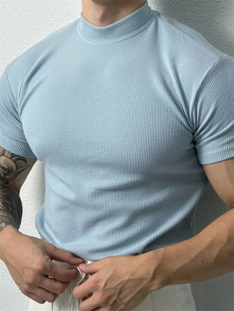 spring summer fashion Men's T-shirt Small high collar stripe shirt/short sleeve fitness top leisure sport T-shirt Men sportswear