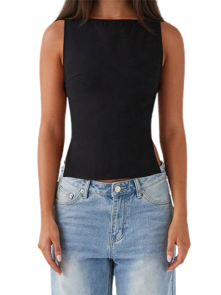 Women s Sleeveless Boat Neck Tank Tops/with Side Buckle Detail Solid Color Fit Vest for Summer Style
