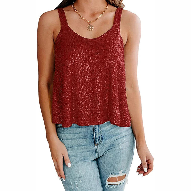 Sleeveless Sequin Tank Tops/Women's Party Top Halter Top