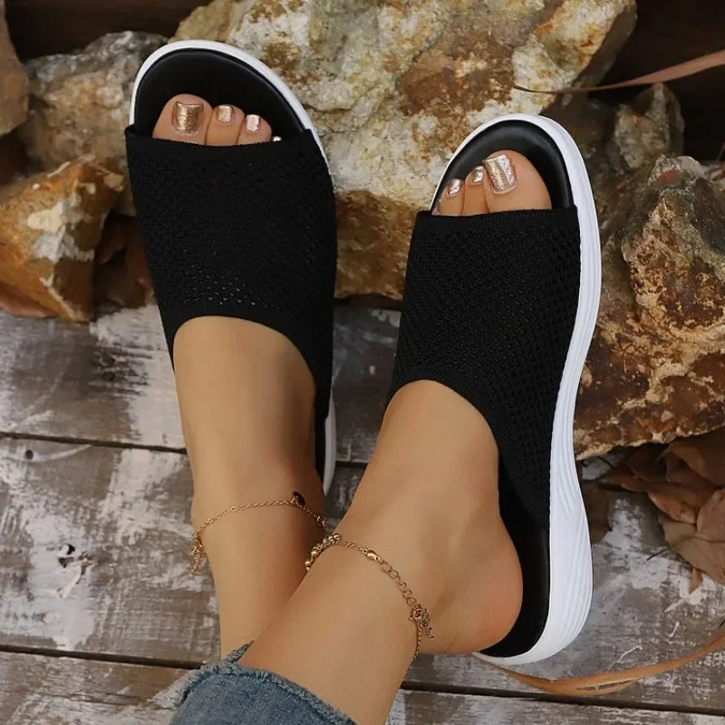Women's Knitted Breathable Mesh Slide Sandals Soft Flat Sandals/with Open Toe Platform Non-Slip Light Casual Summer Beach Shoes