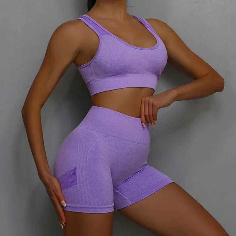 2 Pcs Yoga Set Women Hollow Back Sports Bra+Hip Lifting Sports Shorts/Workout Set Seamless Fitness Gym Set Sportswear Tracksuit