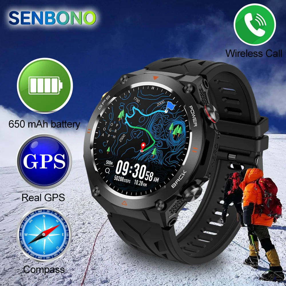 SENBONO New GPS Smart Watch 1.45” HD  Display Built-in GPS Bluetooth Phone Call/1ATM Waterproof Military Sports Smartwatch for Men