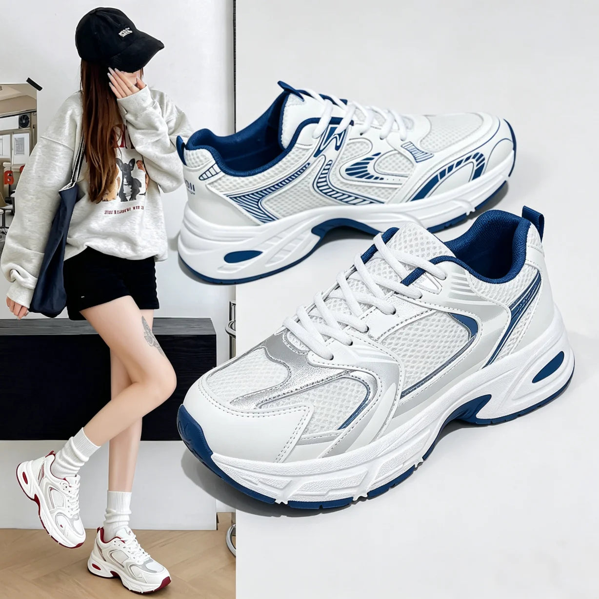 Women's White Retro Shoes Breathable Mesh Platform Sneakers/Chunky Casual Non-slip Walking Shoes Lightweight Lace-up