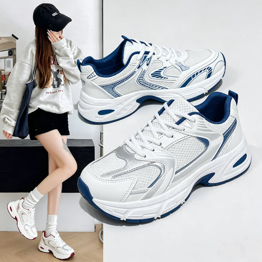 Women's White Retro Shoes Breathable Mesh Platform Sneakers/Chunky Casual Non-slip Walking Shoes Lightweight Lace-up