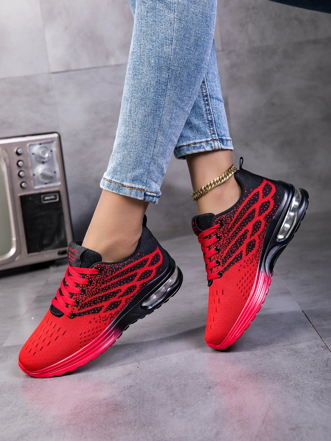 Women Air Cushion Running Sneakers Breathable Knit Mesh Shock Absorbing/Non Slip Lightweight Lace Up Sports Shoes Outdoor Walking Shoes