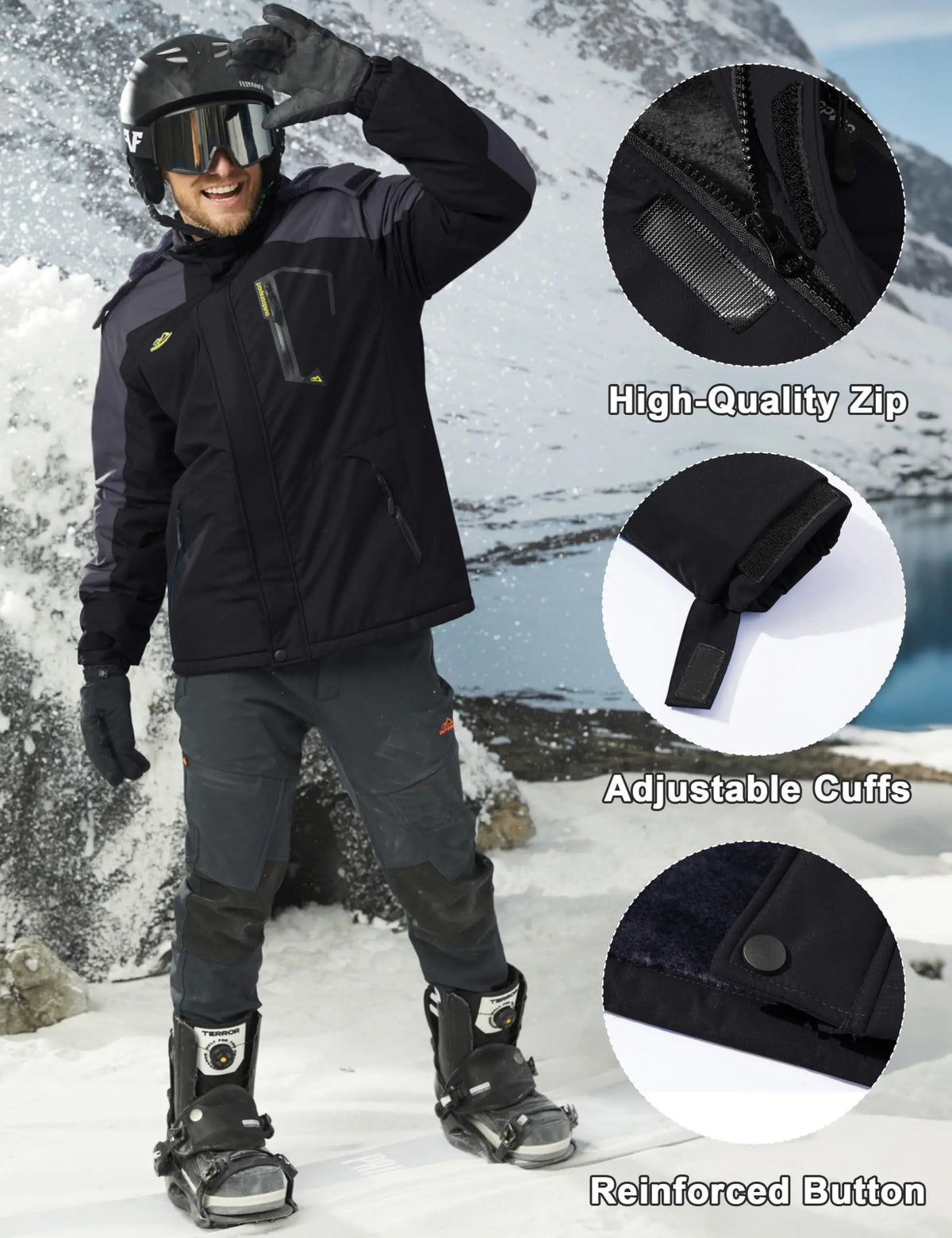 Men's Water-Resistant Ski Jacket Winter Fleece Lined/Snow Coat Warm Windproof Outdoor Jacket