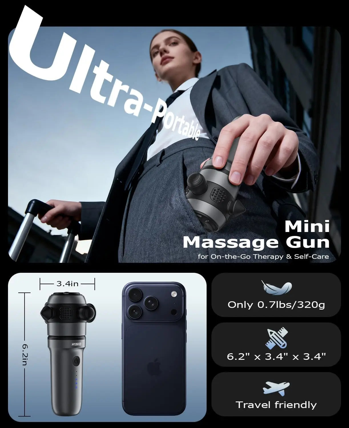 Mini Handheld Massage Gun Deep Tissue Percussion Massager for Neck/Back Shoulders Travel Size Portable Muscle Recovery Tool