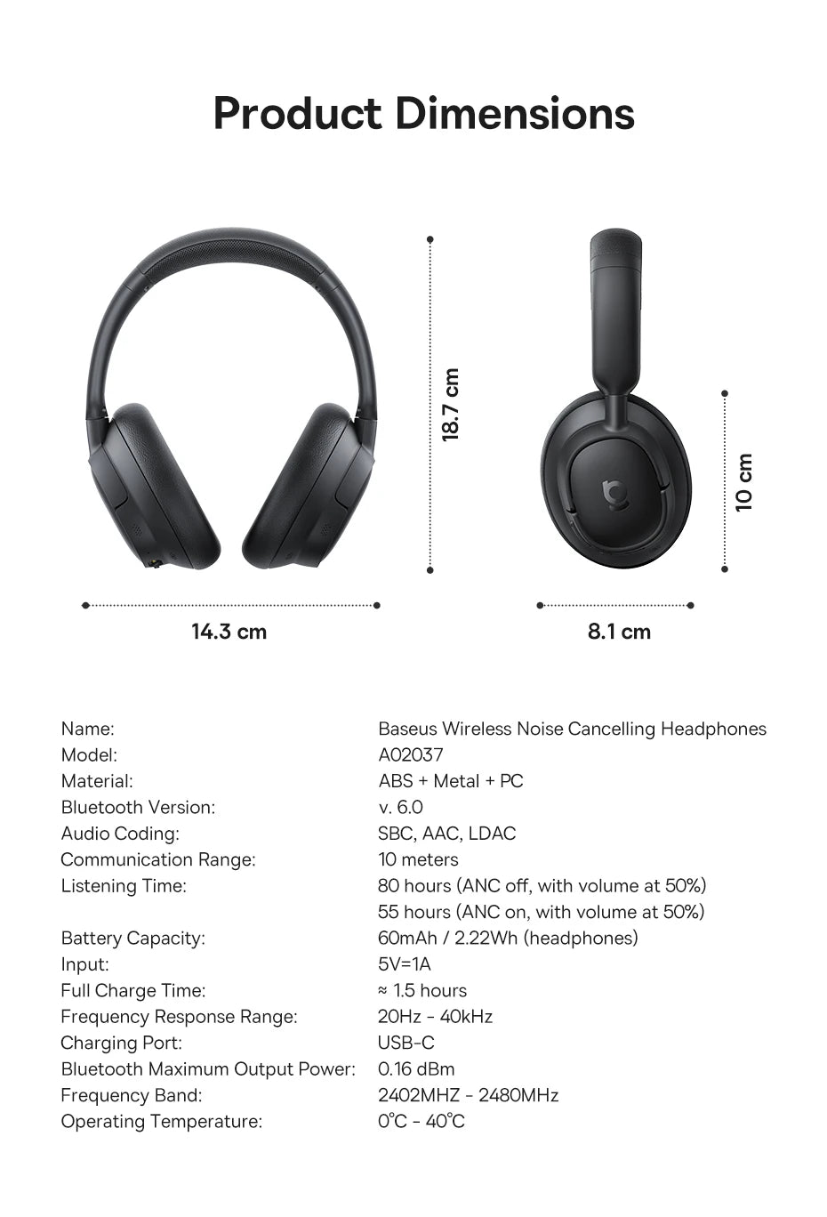 Baseus Bass Wireless Headphones Bluetooth 6.0 98% Noise Canceling/Over Ear Headset Spatial Audio Earphone 80H Time