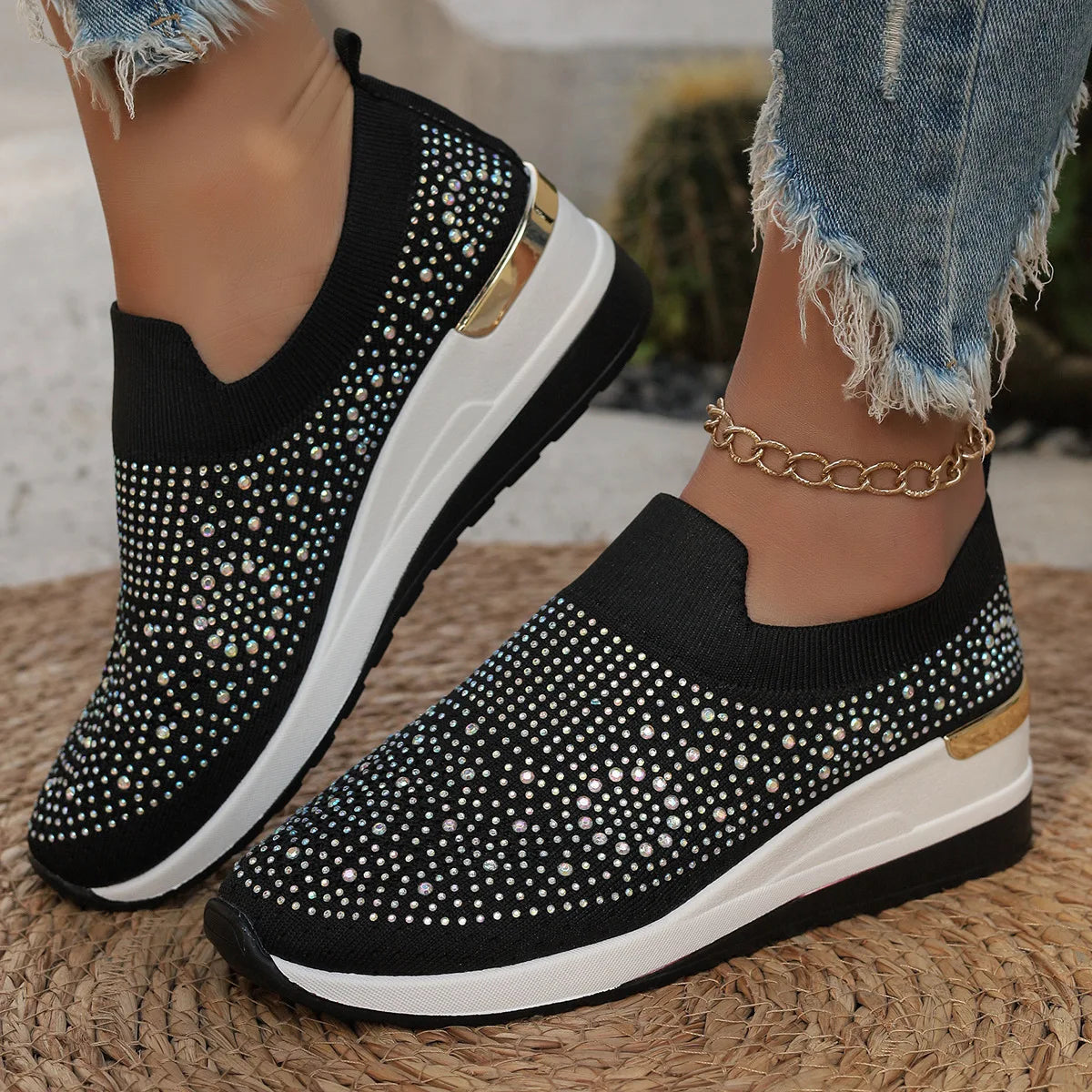 Orange Rhinestone Casual Sneakers Breathable Wedge Women/Lightweight Shoes Slip On New Comfortable Spring Mesh Sports Shoes
