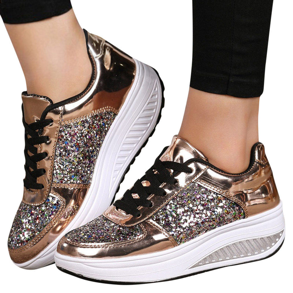 Fashion Ladies Women's Shoes Sport Wedges Shoes/Shake Silver Comfortable Jogging  Lace-Up Running Sneakers