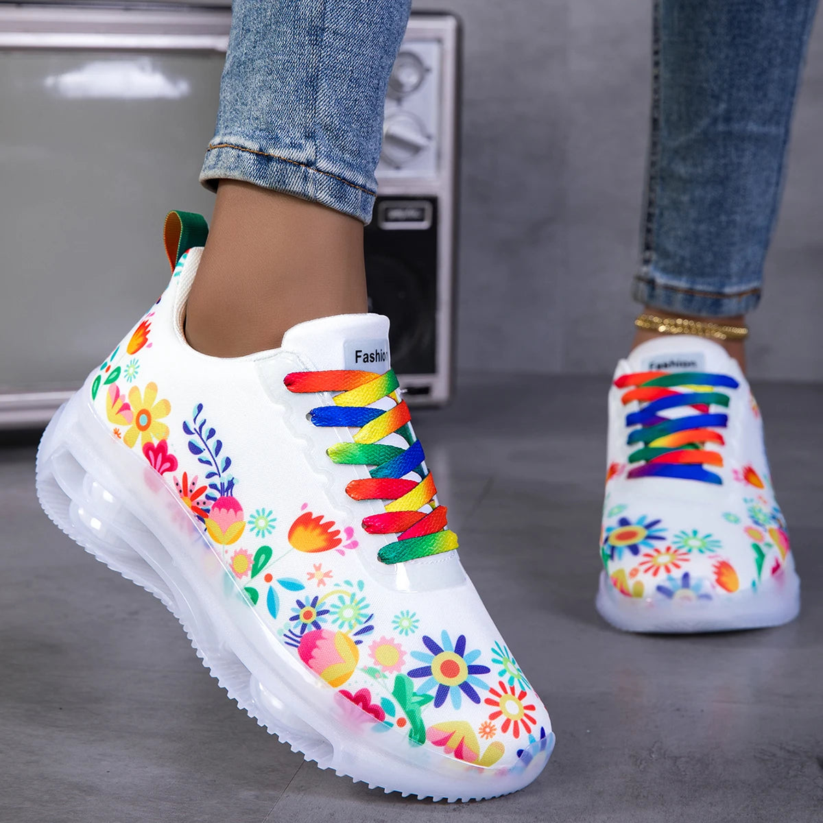 Women Floral Print Air Cushion Sneakers Colorful Rainbow Laces/Breathable Lightweight Shock Absorb Non Slip Lace Up Running Shoes