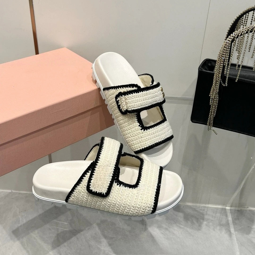 Summer New Women's Woven Fabric Flat Sandals Open Toe/Single Strap Slide Sandals Thick Sole Casual Outdoor Beach Shoes